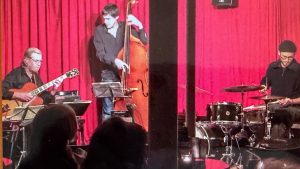 Musiker beim Live-Auftritt im Schloss Wartegg mit Jazzband und Publikum.